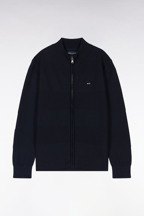Straight-fit zip-up navy cardigan with stand-up collar - Image 1