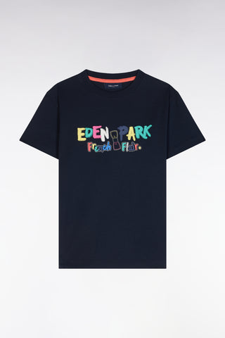 Straight-fit multicolor screen printed navy cotton t-shirt