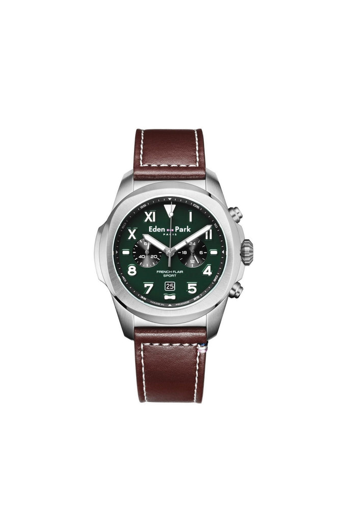 Green leather chronograph quartz watch