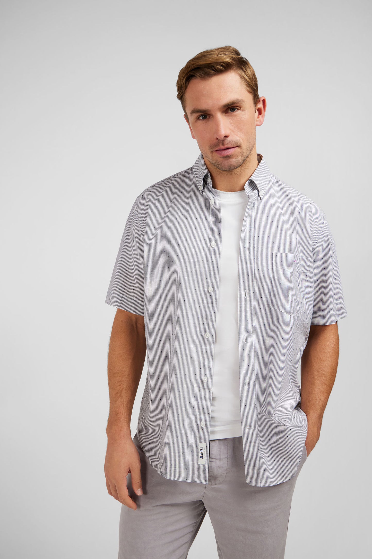 Dark blue striped shirt in cotton dobby