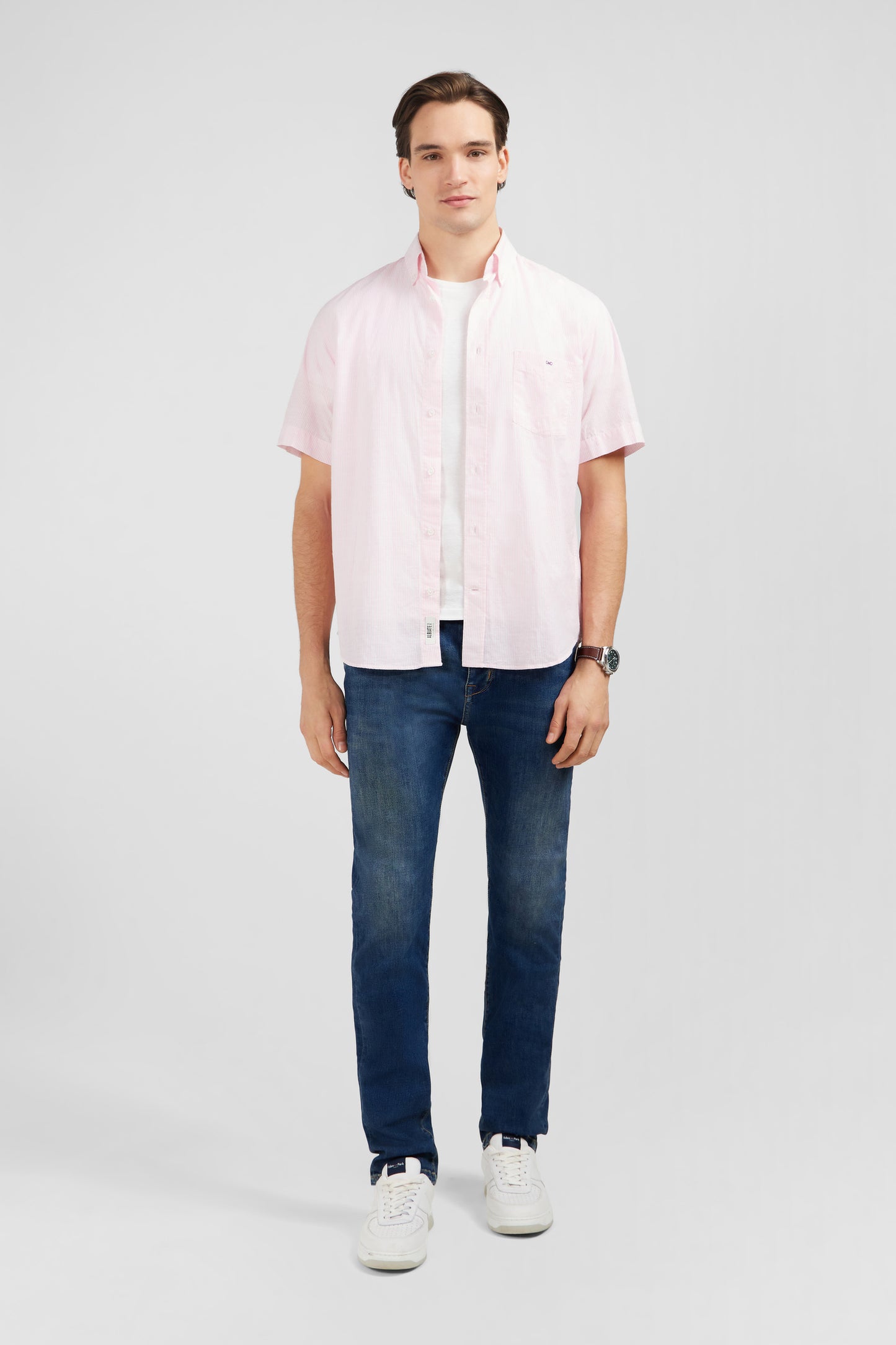 Pink striped shirt in cotton dobby