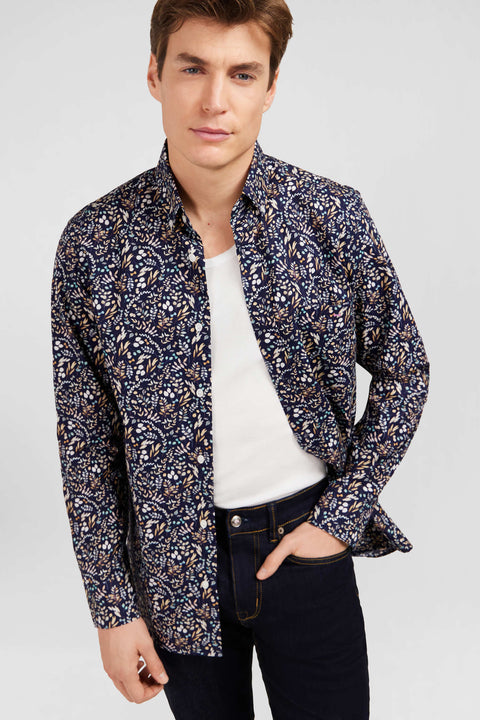 Dark blue poplin shirt with foliage print - Image 3