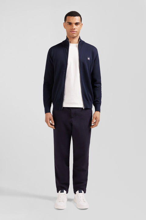 Navy cotton zipped jumper cardigan with tri-colour emblem - Image 1