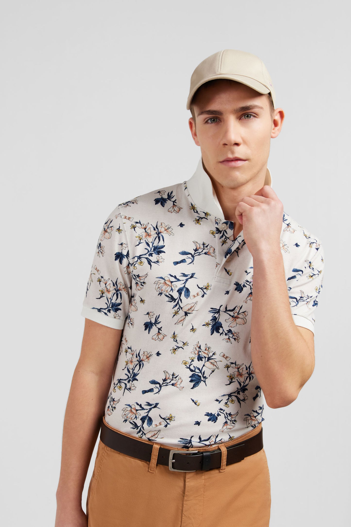 White polo shirt with an exclusive floral print