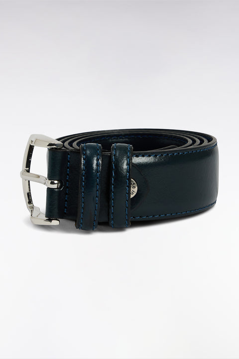 Navy smooth leather belt with double loops - Image 1
