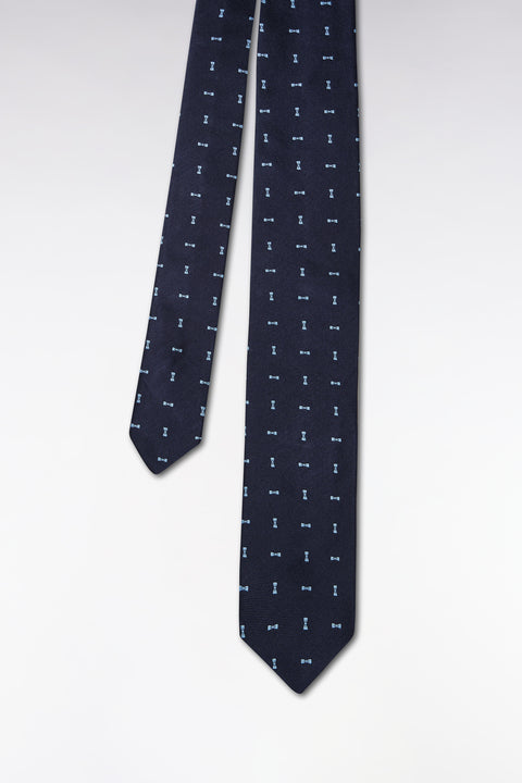 Navy silk tie with sky bow tie pattern - Image 1