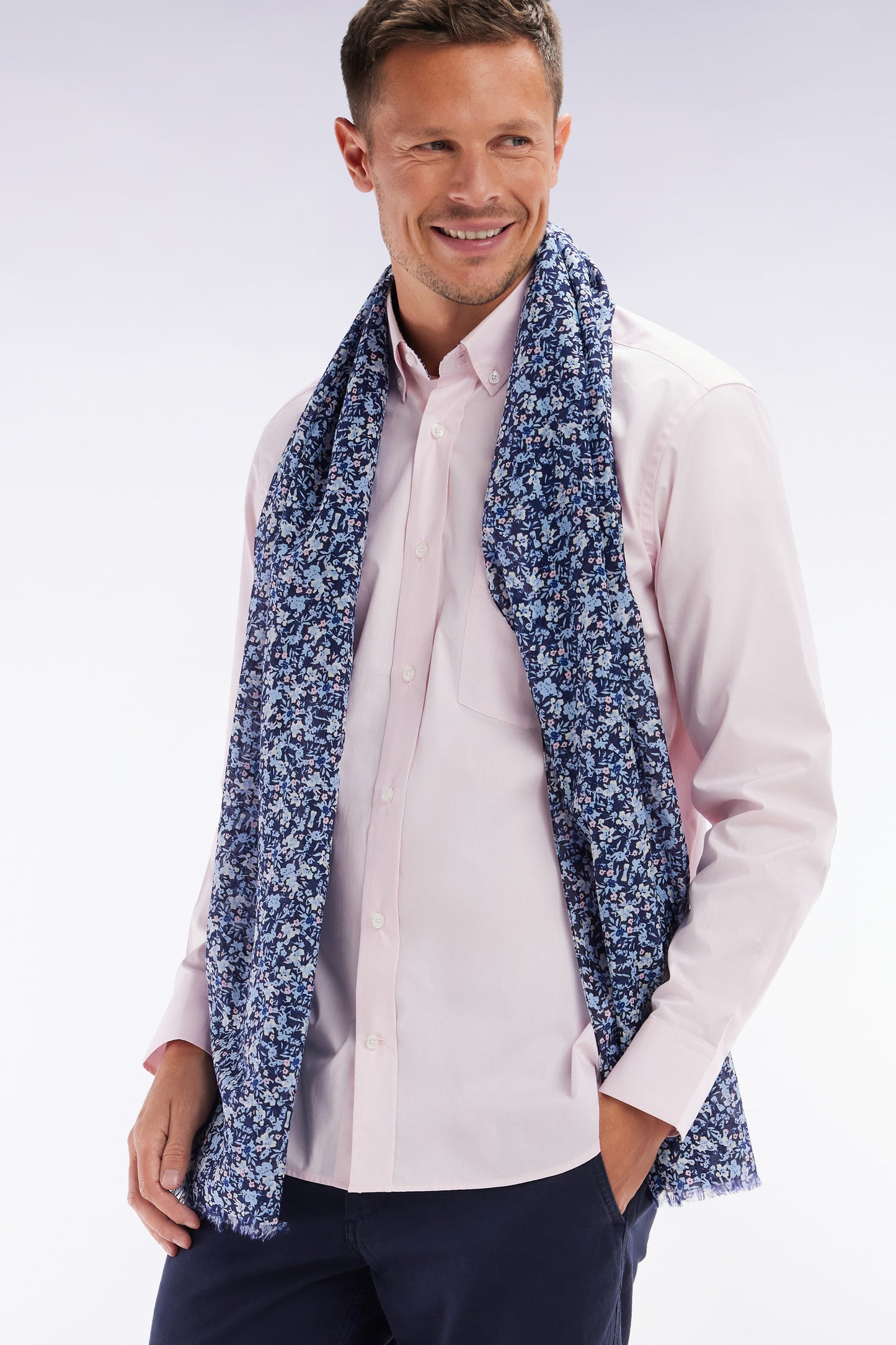 Cotton and silk scarf with blue floral print