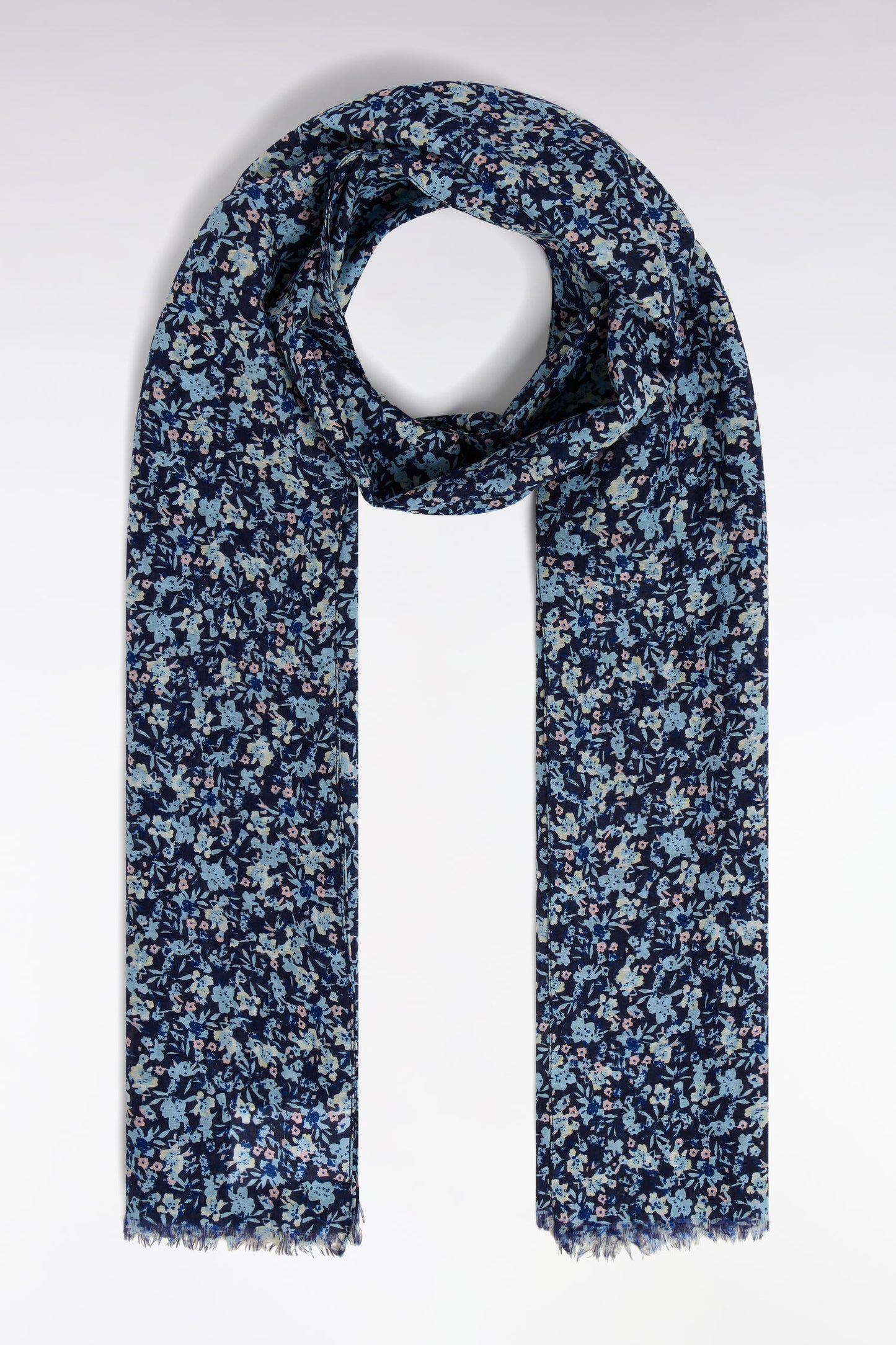 Cotton and silk scarf with blue floral print