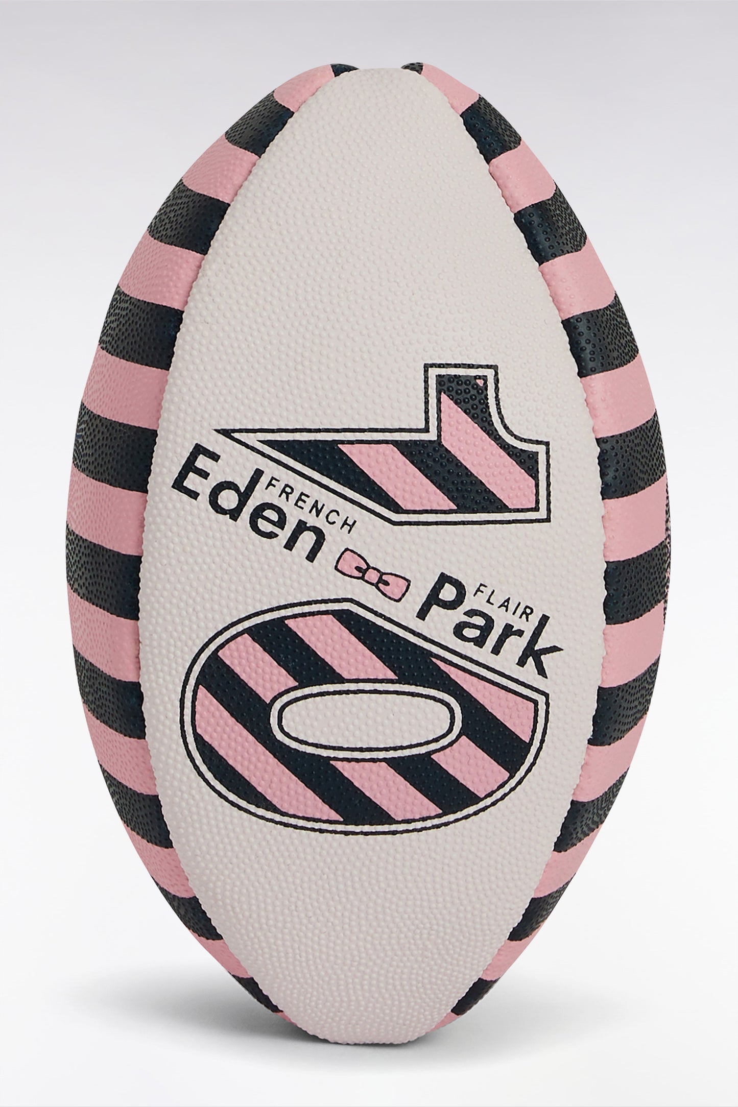 Mini rubber rugby ball with pink and navy stripes