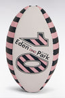 Mini rubber rugby ball with pink and navy stripes
