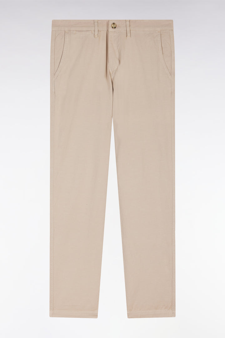 Pantalon chino sans pli en coton et lin stretch beige coupe droite