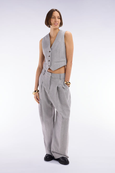 Pleated herringbone trousers in grey wool and linen - Image 1