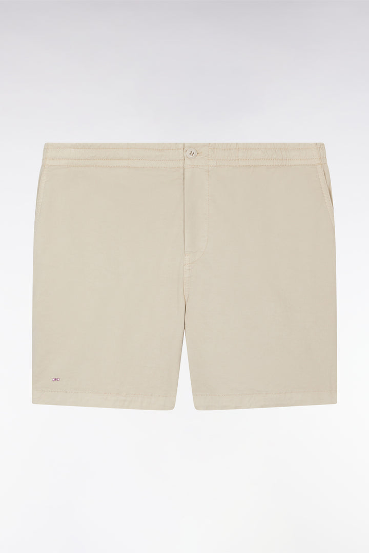 Short à taille élastique en coton stretch uni beige