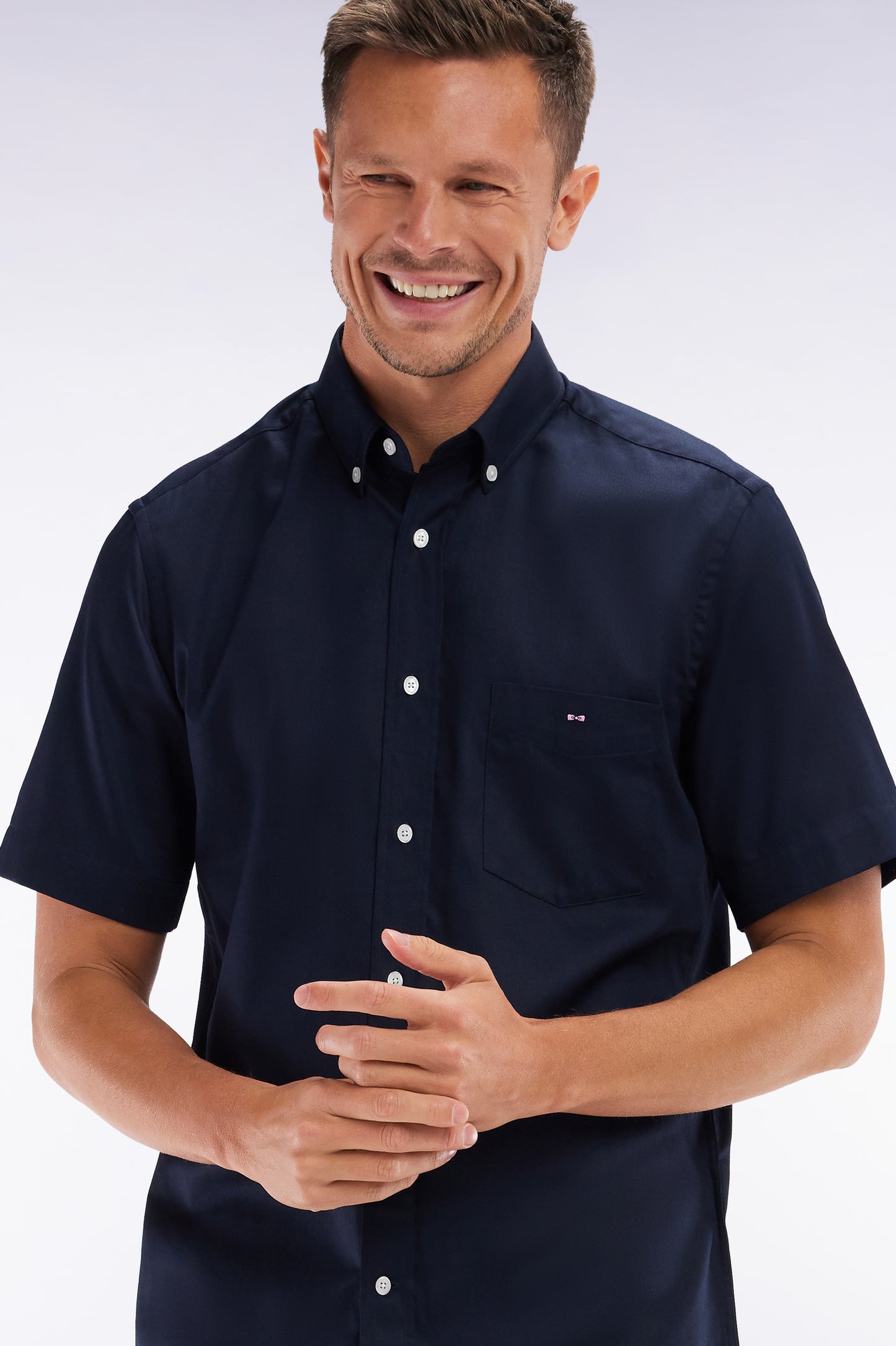 Straight navy cotton short-sleeved shirt
