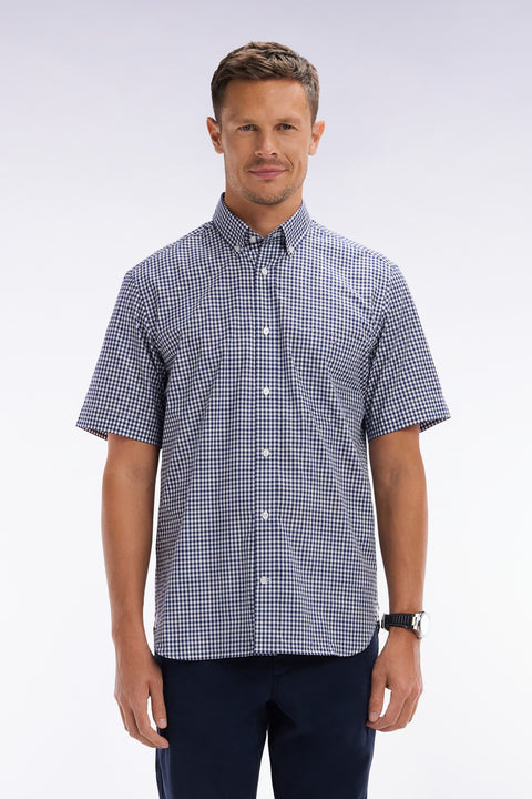 Straight short-sleeved shirt in dark blue gingham cotton - Image 1