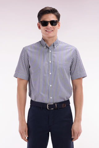 Straight short-sleeved shirt in striped dark blue cotton
