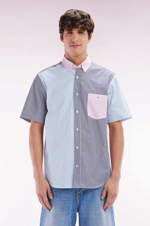 Straight short-sleeved shirt in striped pink and navy cotton - Image 1