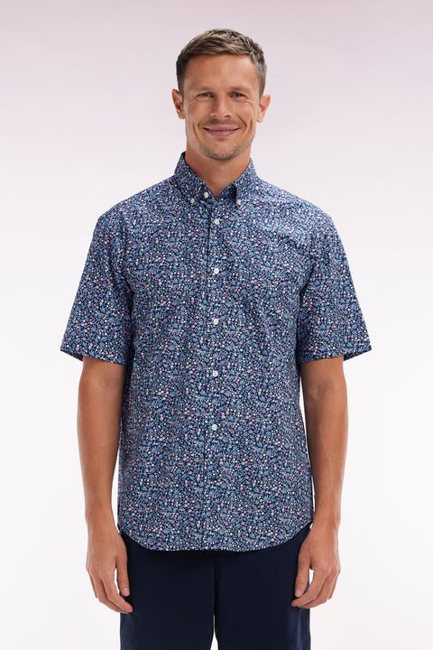 Straight short-sleeved navy shirt in cotton micro flowers print - Image 1