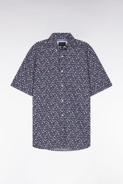 Straight short-sleeved navy shirt in cotton poplin with pink floral print - Image 2