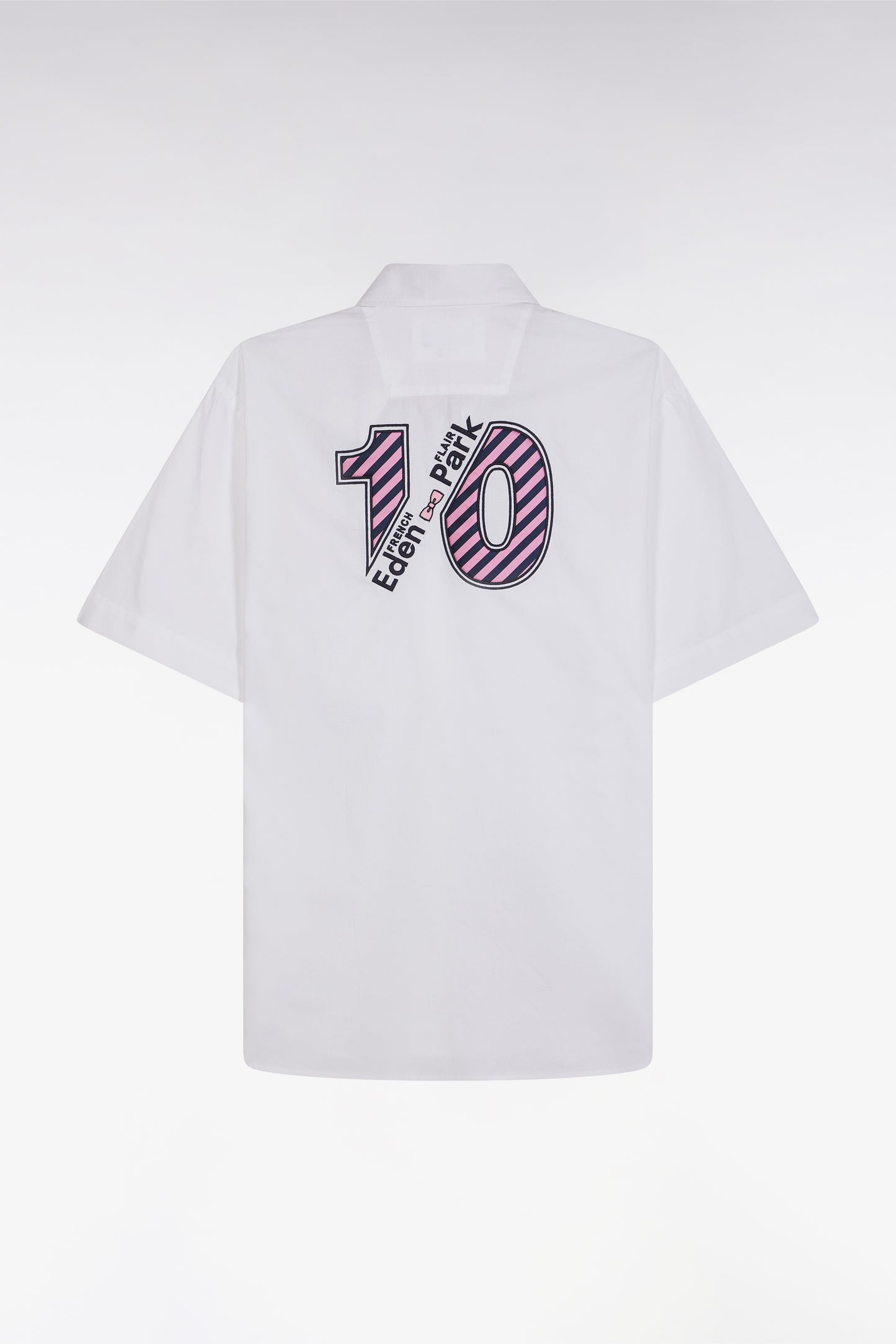 Straight short-sleeved white shirt in cotton with pink back embroidery