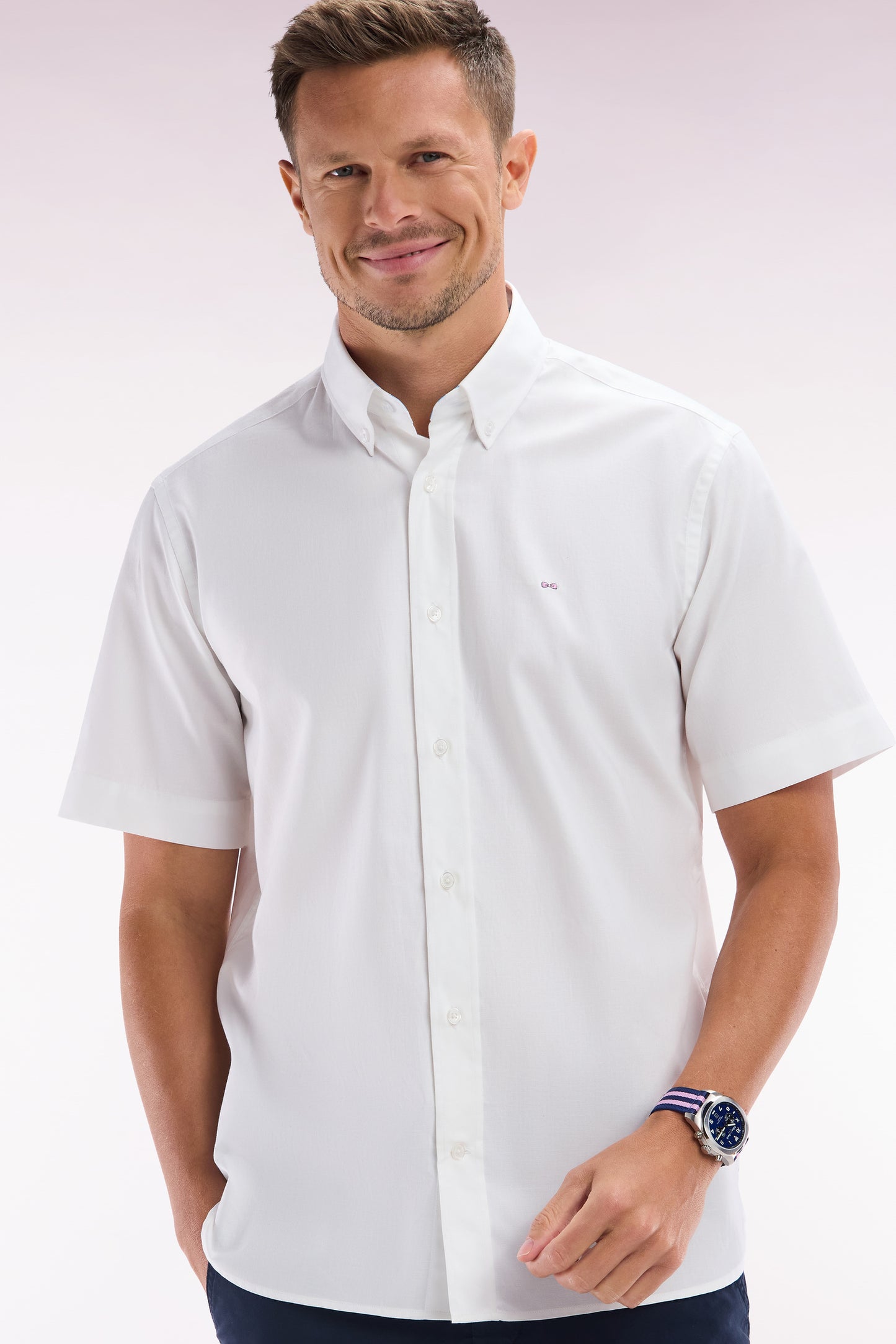 Chemise à manches courtes en coton blanc broderie Eden Park coupe droite