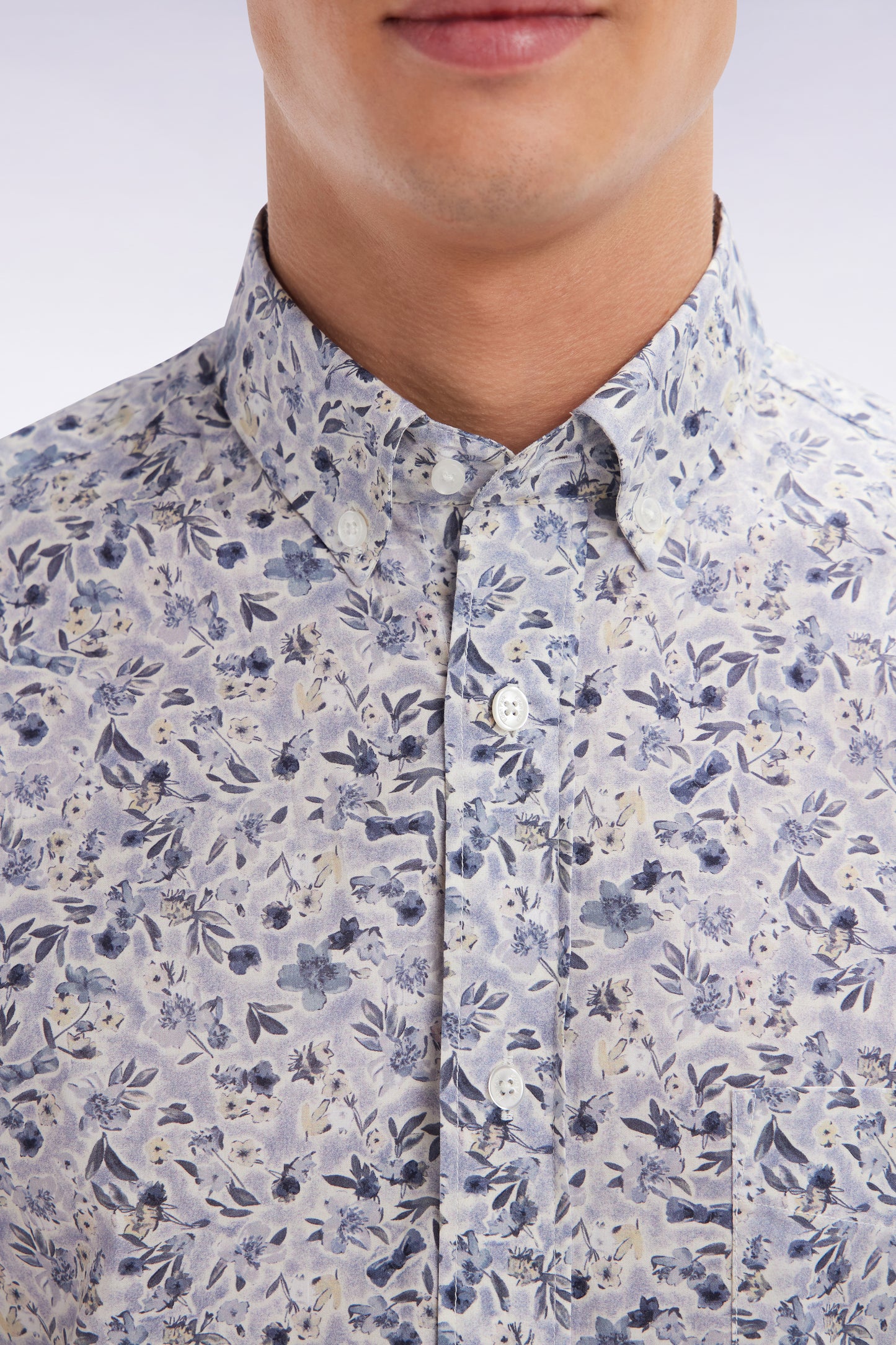 Straight short-sleeved grey shirt in Pima cotton poplin floral micropattern