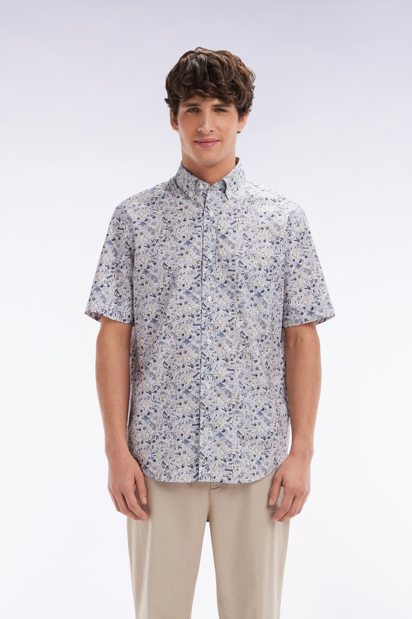Straight short-sleeved grey shirt in Pima cotton poplin floral micropattern