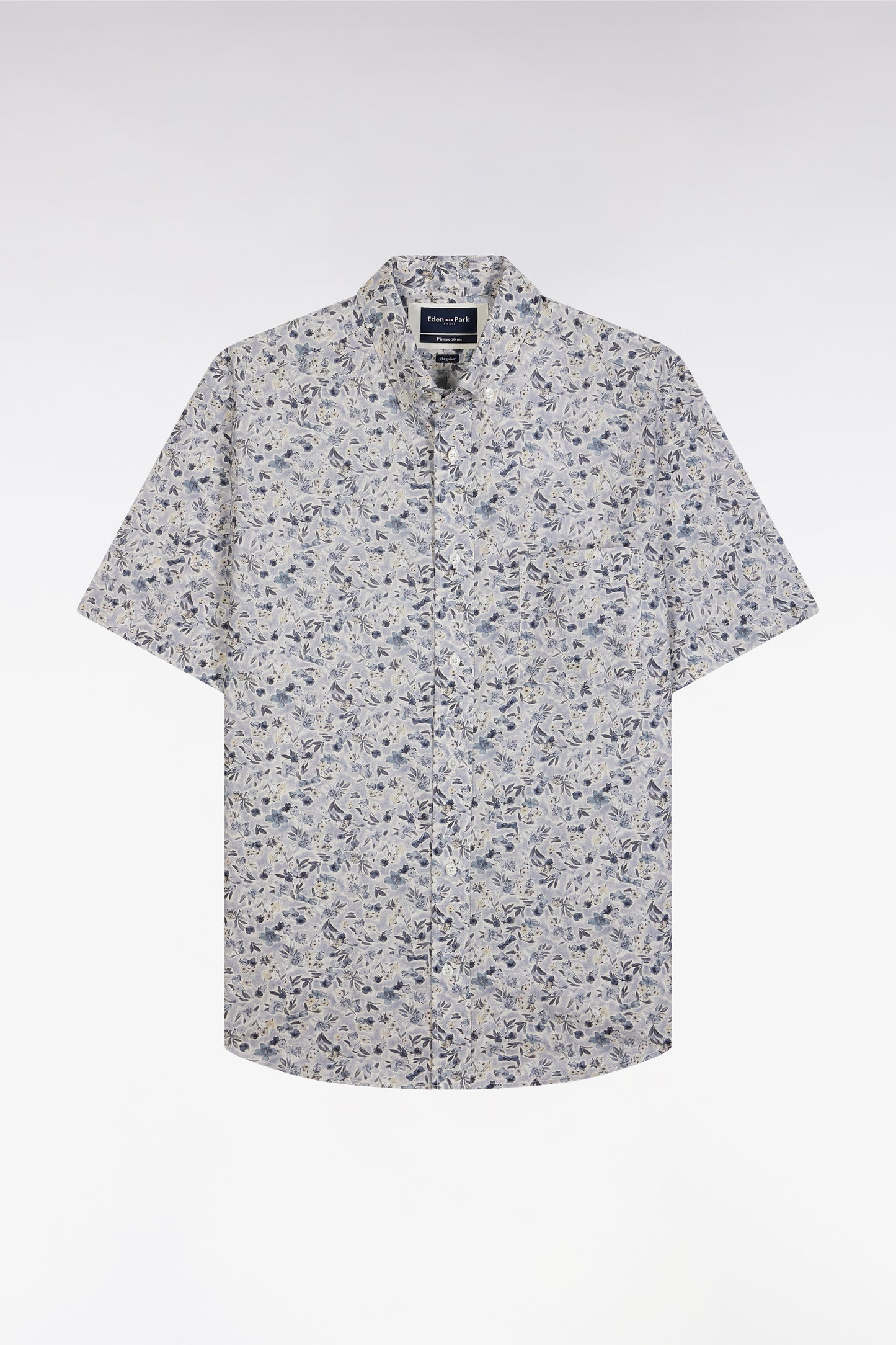Straight short-sleeved grey shirt in Pima cotton poplin floral micropattern