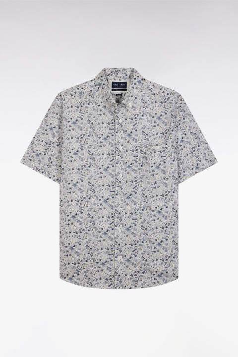 Straight short-sleeved grey shirt in Pima cotton poplin floral micropattern - Image 2