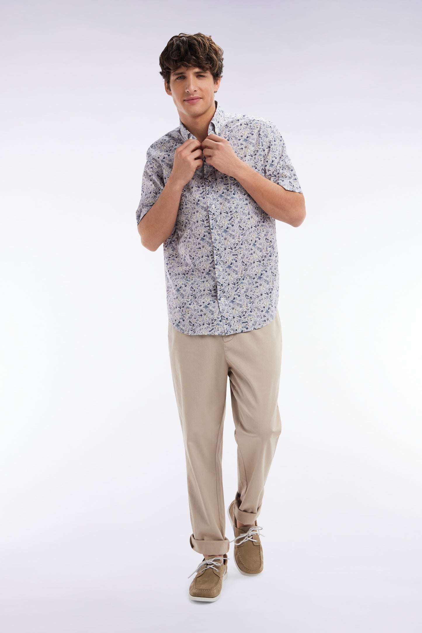Straight short-sleeved grey shirt in Pima cotton poplin floral micropattern