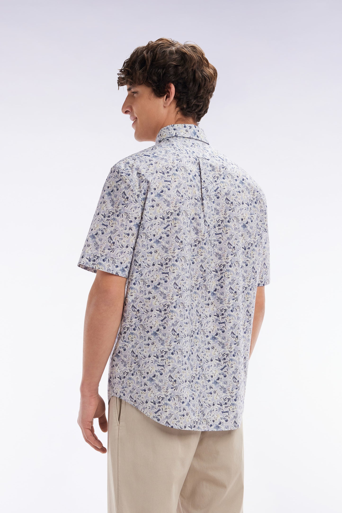 Straight short-sleeved grey shirt in Pima cotton poplin floral micropattern