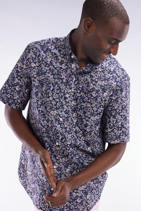 Straight short-sleeved dark grey shirt in Pima cotton poplin floral micropattern - Image 3