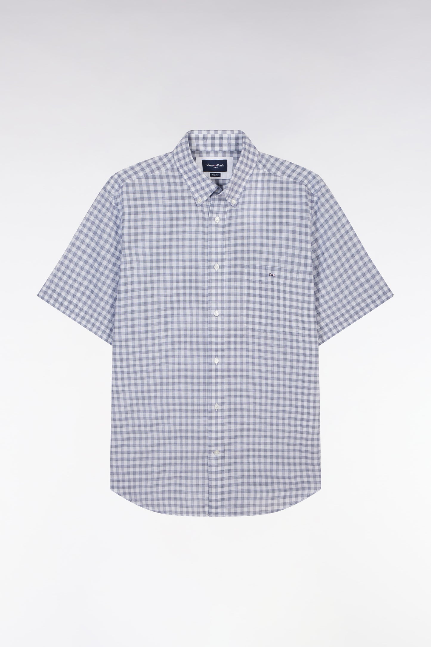 Straight-fit short sleeved navy gingham checked cotton shirt