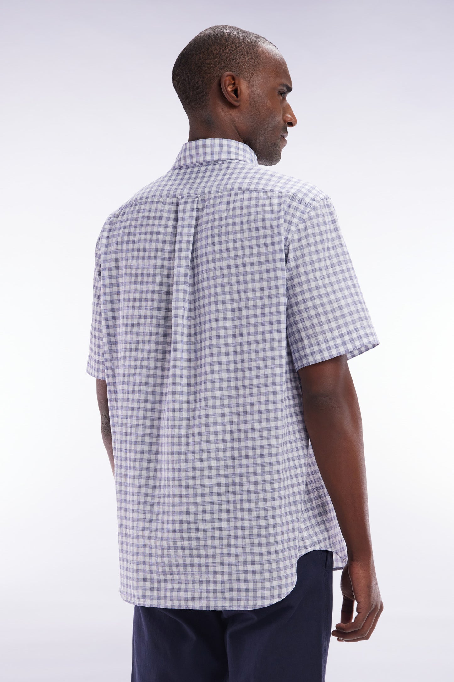 Straight-fit short sleeved navy gingham checked cotton shirt
