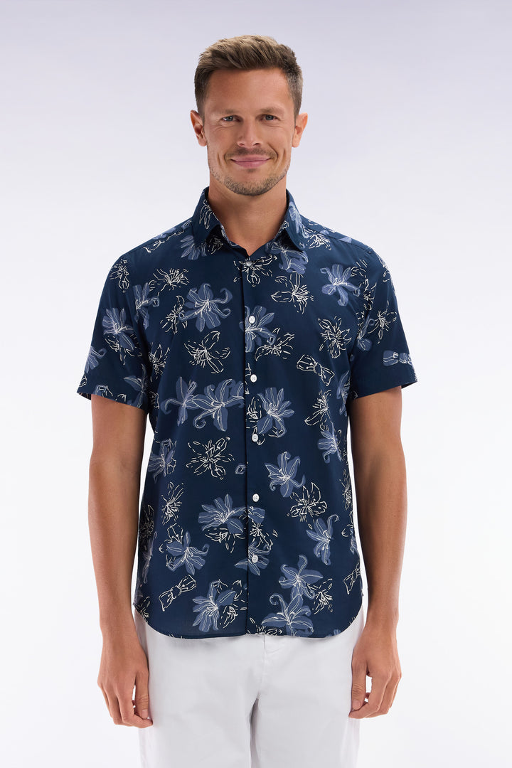 Chemise à manches courtes en coton marine imprimé fleurs coupe ajustée