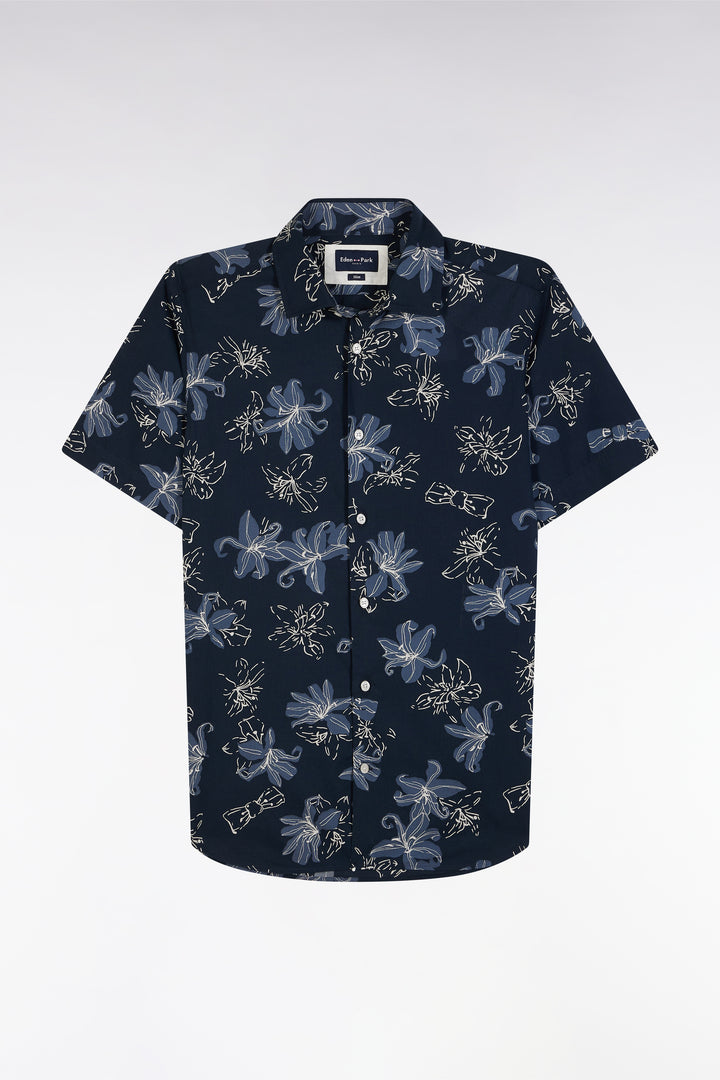 Chemise à manches courtes en coton marine imprimé fleurs coupe ajustée