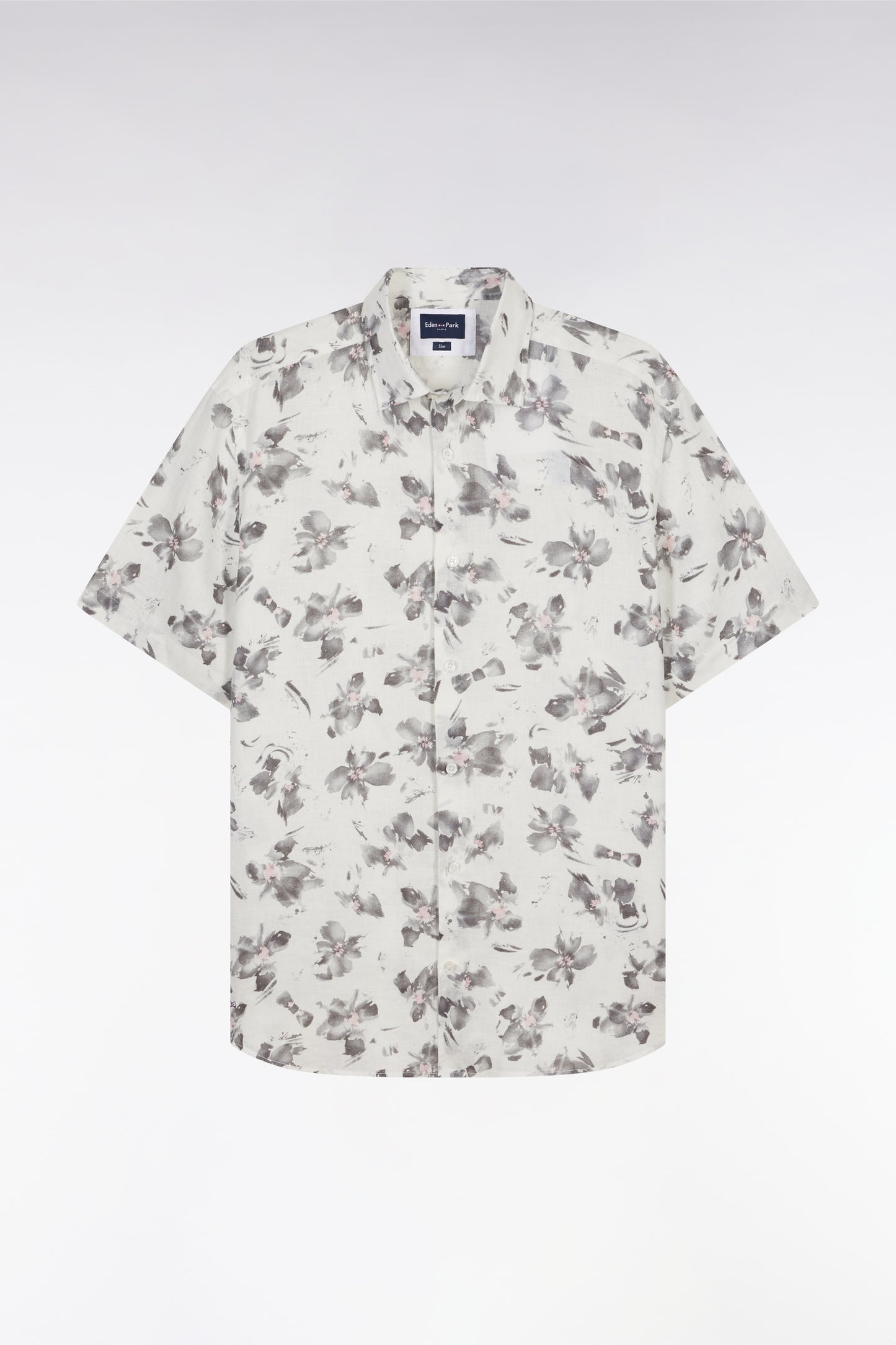Slim-fit short-sleeved ecru linen shirt with grey floral print