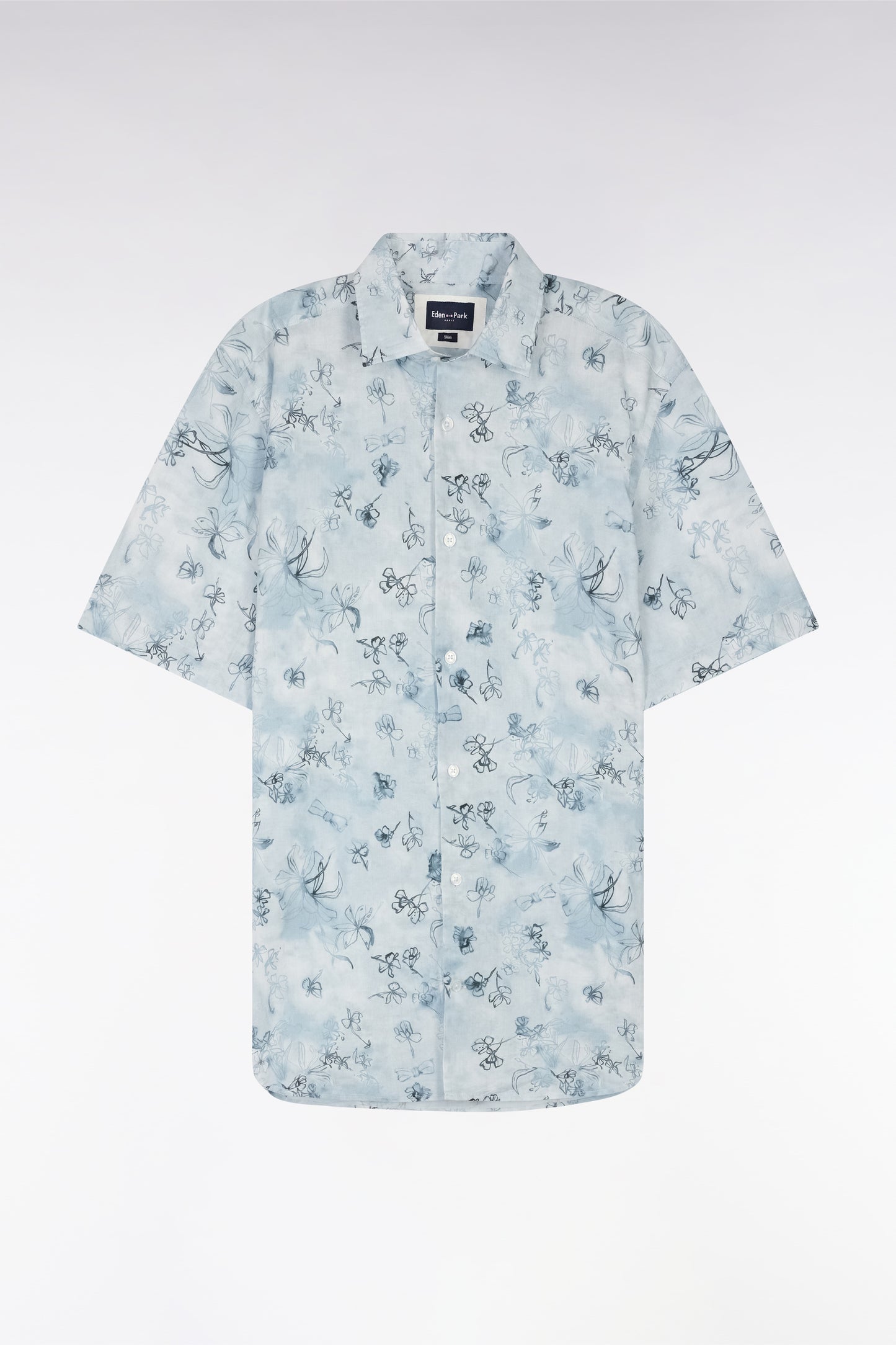 Slim-fit short-sleeved shirt in blue-grey cotton with a floral print
