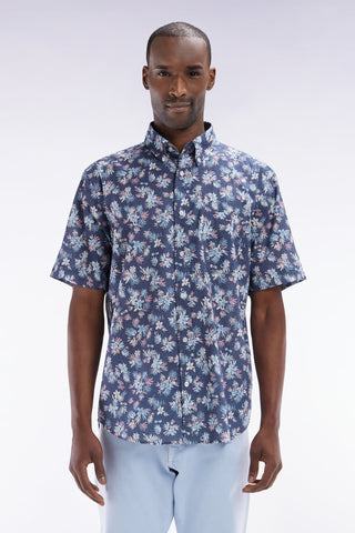 Straight-fit short-sleeved shirt in navy cotton with flowers print
