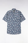 Straight-fit short-sleeved shirt in navy cotton with flowers print