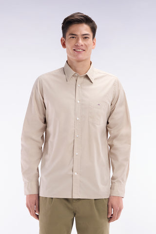 Straight-fit unisex shirt in beige stretch cotton and lyocell