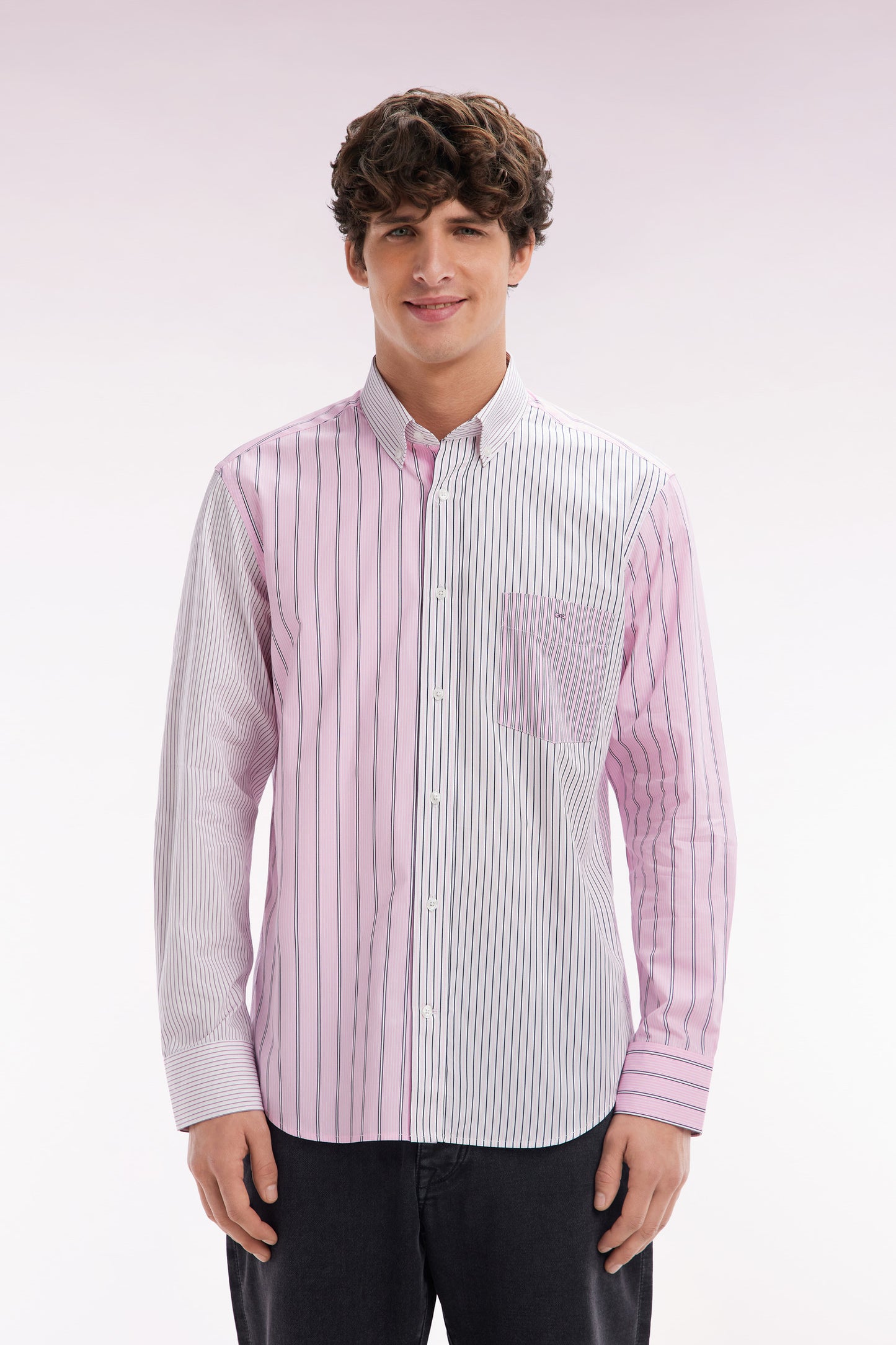 Straight-fit striped pink cotton poplin shirt