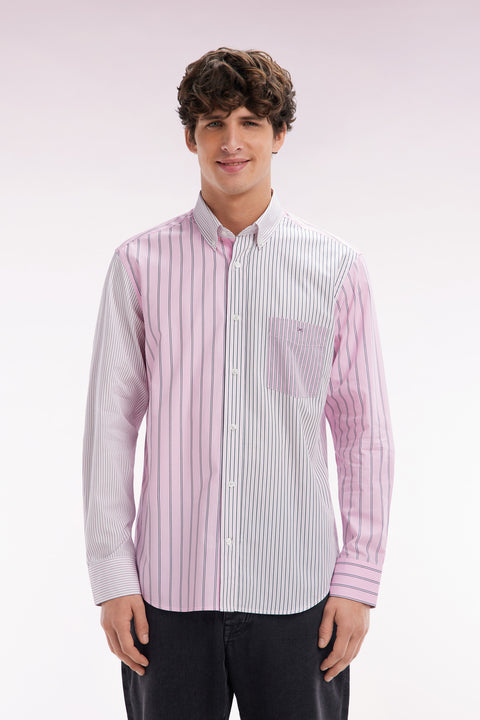 Straight-fit striped pink cotton poplin shirt - Image 1