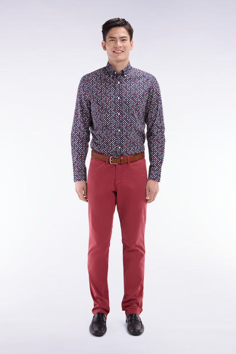 Straight-fit navy cotton poplin shirt with red microprint - Image 1