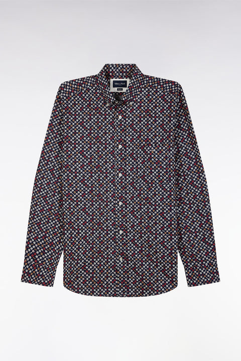 Straight-fit navy cotton poplin shirt with red microprint - Image 2