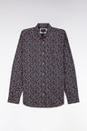 Straight-fit navy cotton poplin shirt with red microprint