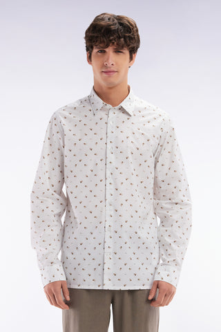 Straight-fit sand cotton poplin shirt with bow tie microprint