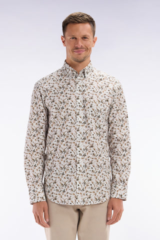 Straight-fit beige cotton poplin shirt with botanical microprint