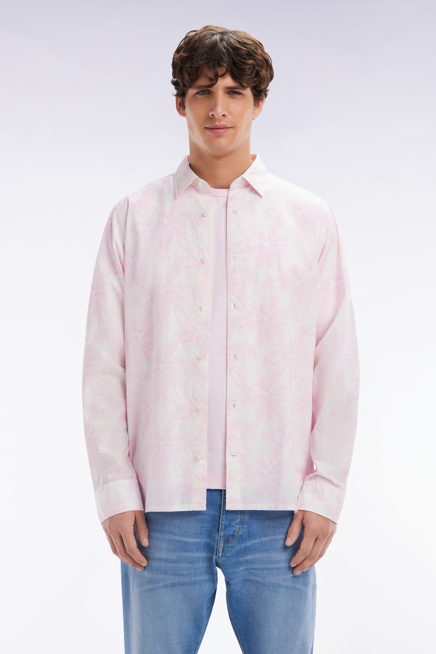 Straight-fit pink cotton poplin shirt with bow tie print
