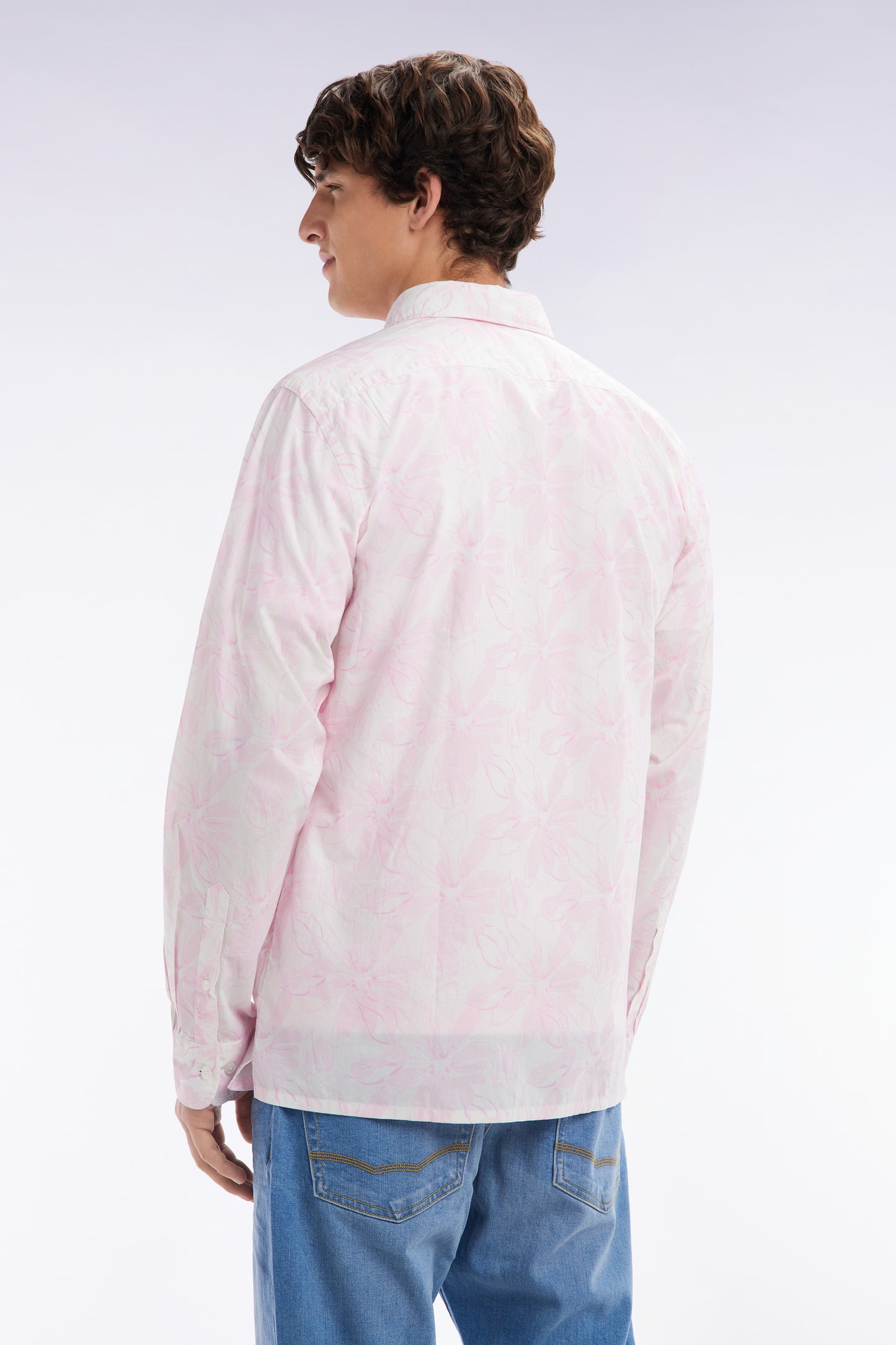 Straight-fit pink cotton poplin shirt with bow tie print